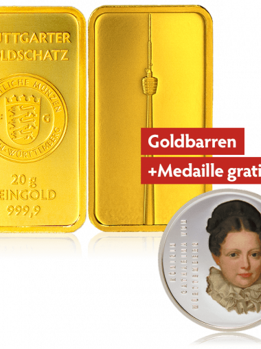 Goldbarren 20g – Stuttgarter Goldschatz (+ kolorierte Feinsilbermedaille “Königin Katharina” gratis)