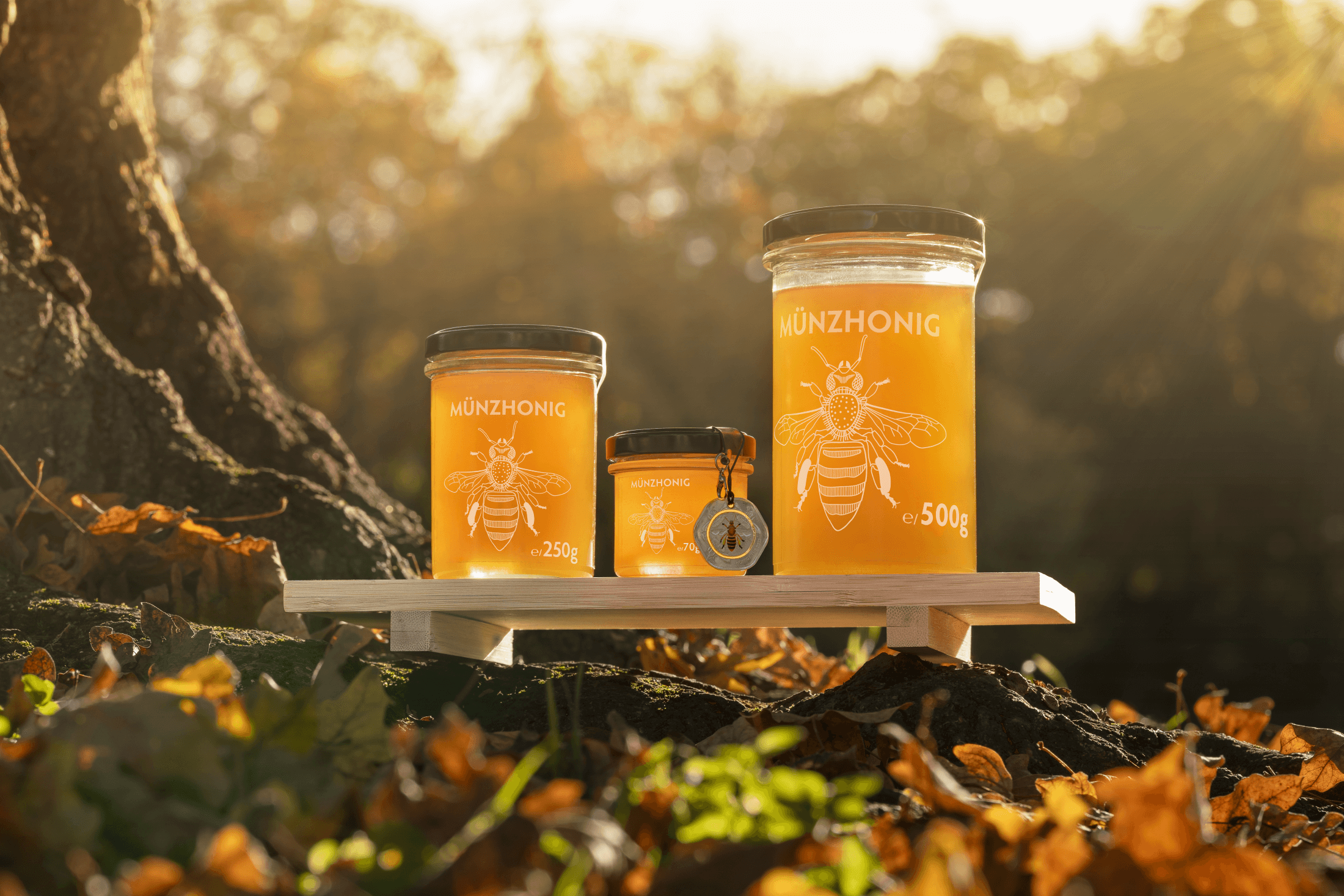 Drei Honiggläser auf einem Holzbrett in der Natur im morgendlichen Sonnenlicht